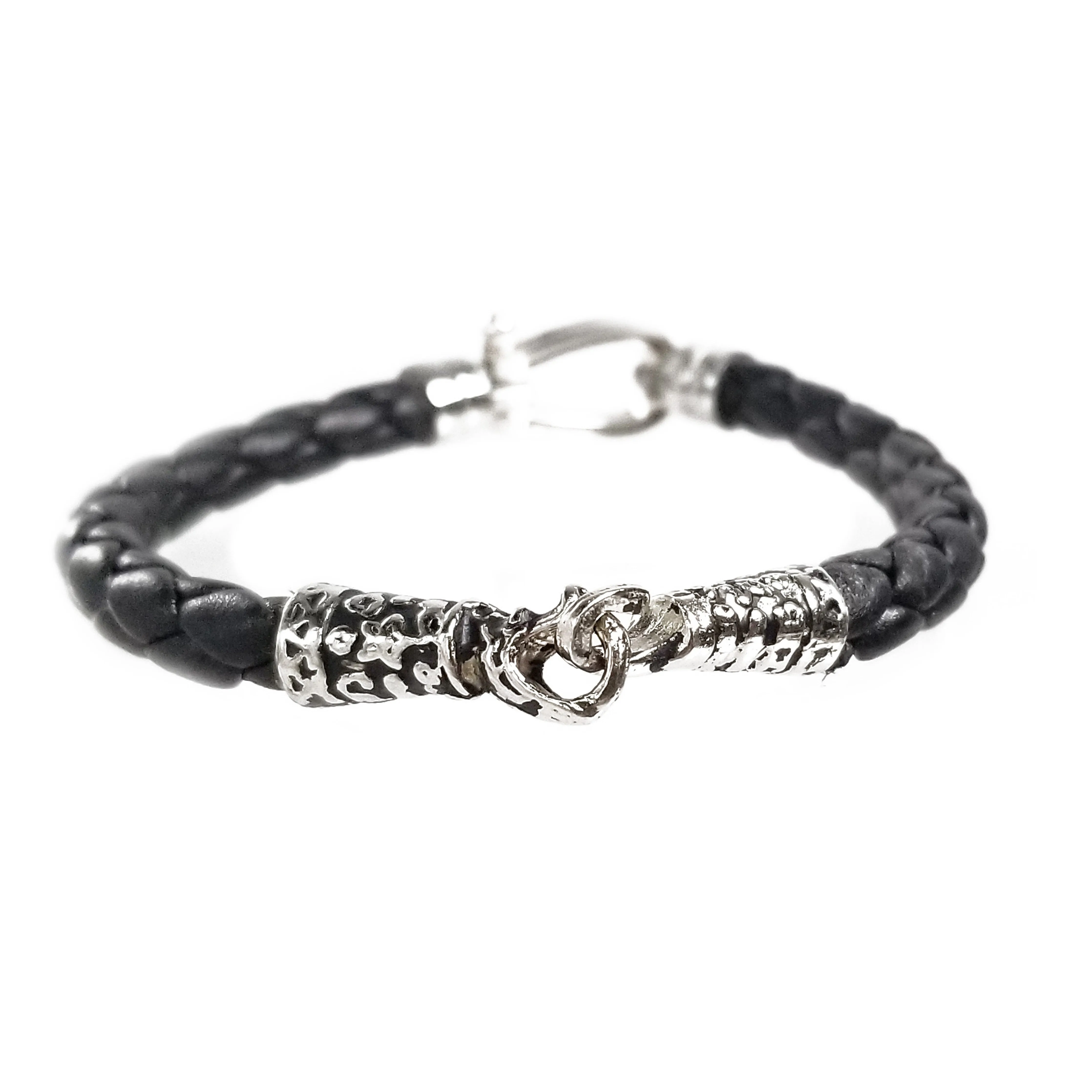 Stainless Steel Black Braided Leather Bracelets with Silver Snake End Tips