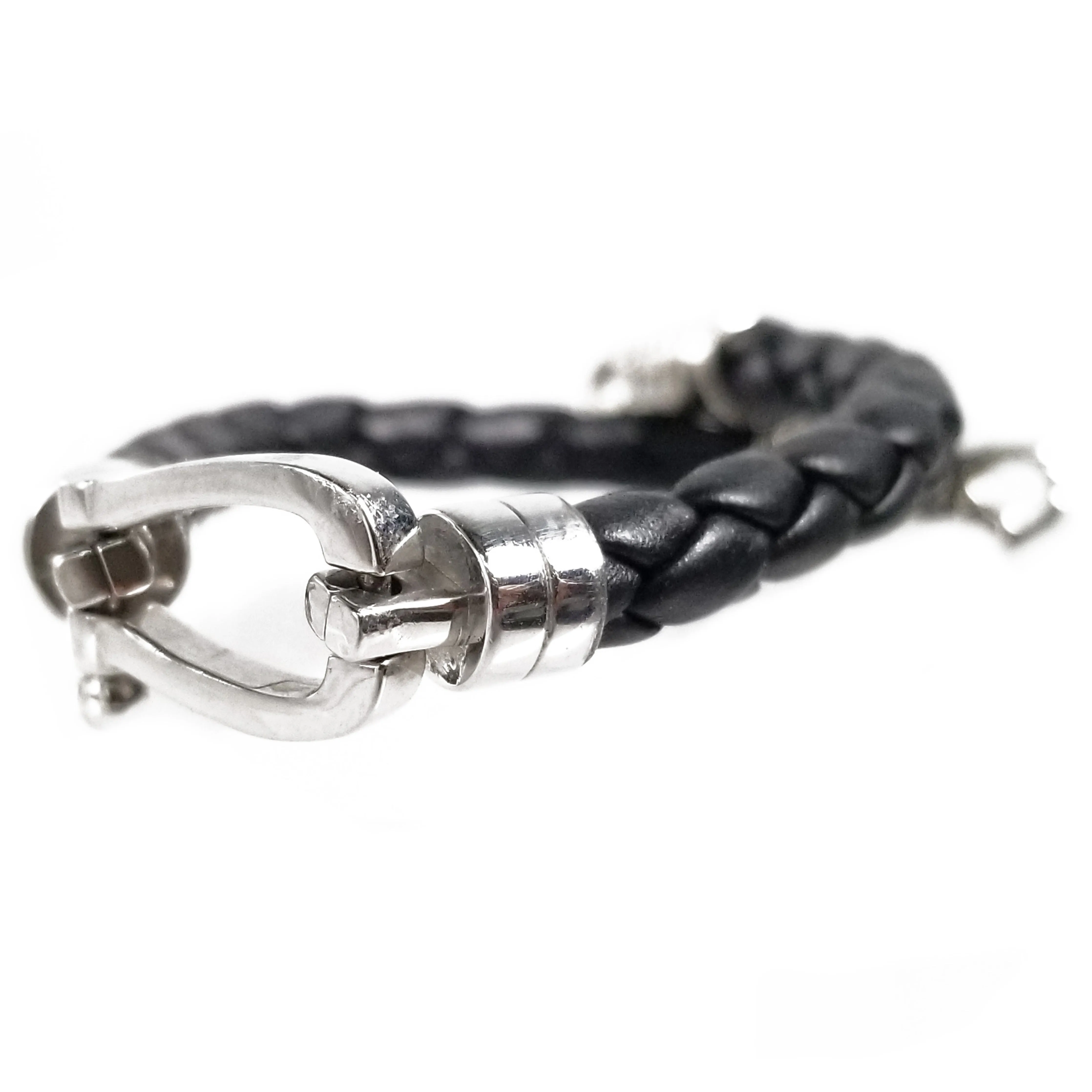 Stainless Steel Black Braided Leather Bracelets with Silver Snake End Tips