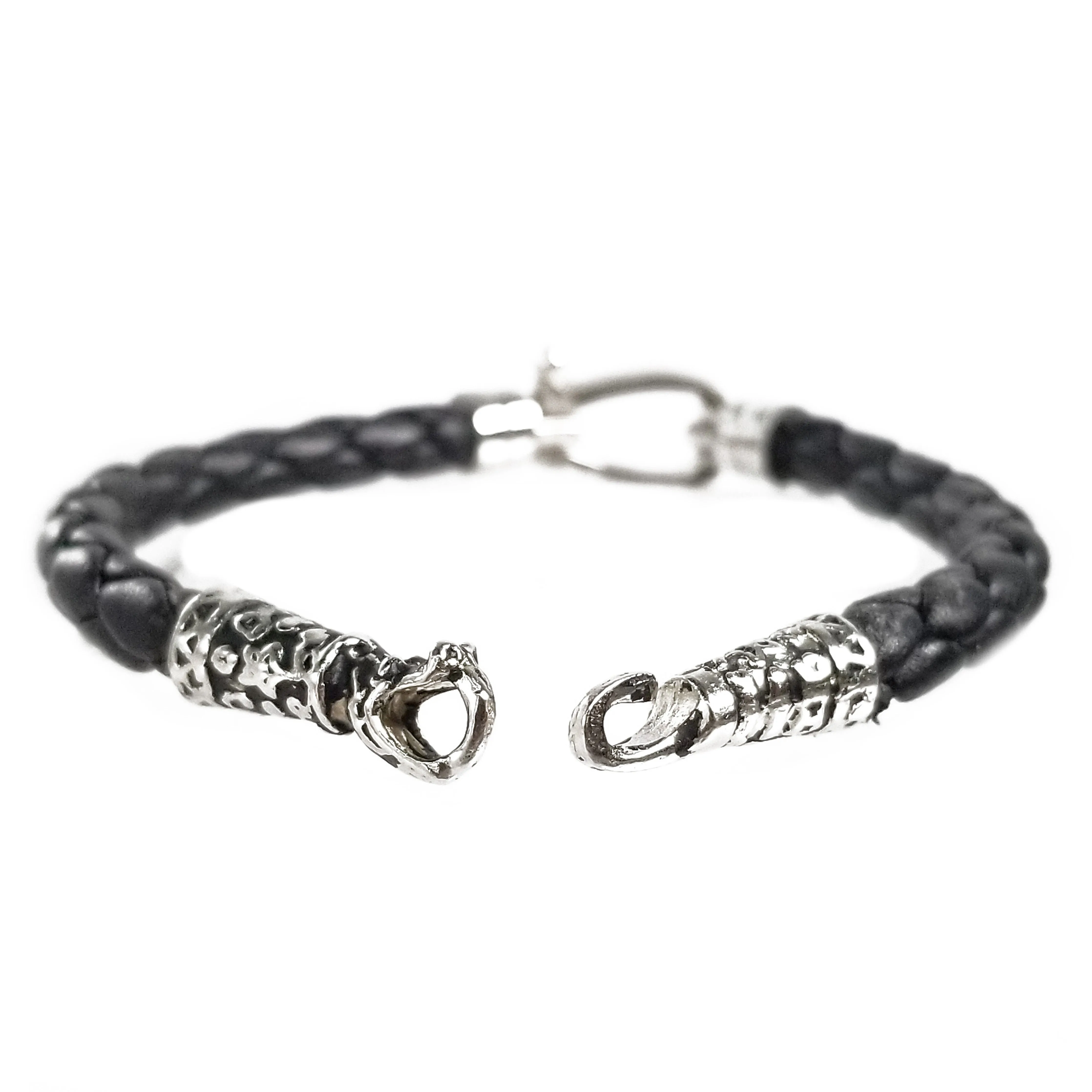 Stainless Steel Black Braided Leather Bracelets with Silver Snake End Tips