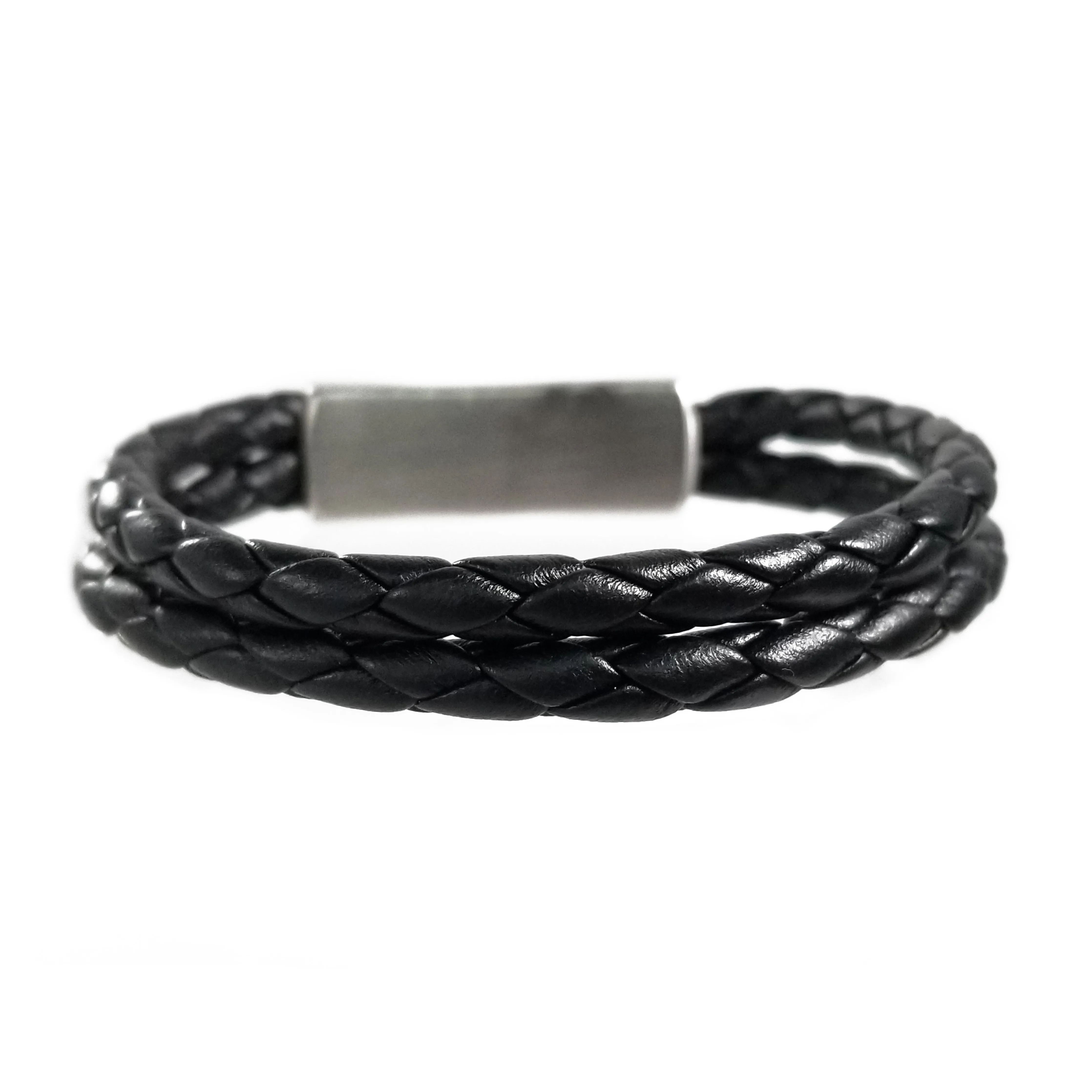 Stainless Steel Black Two Strand Braided Leather Bracelets
