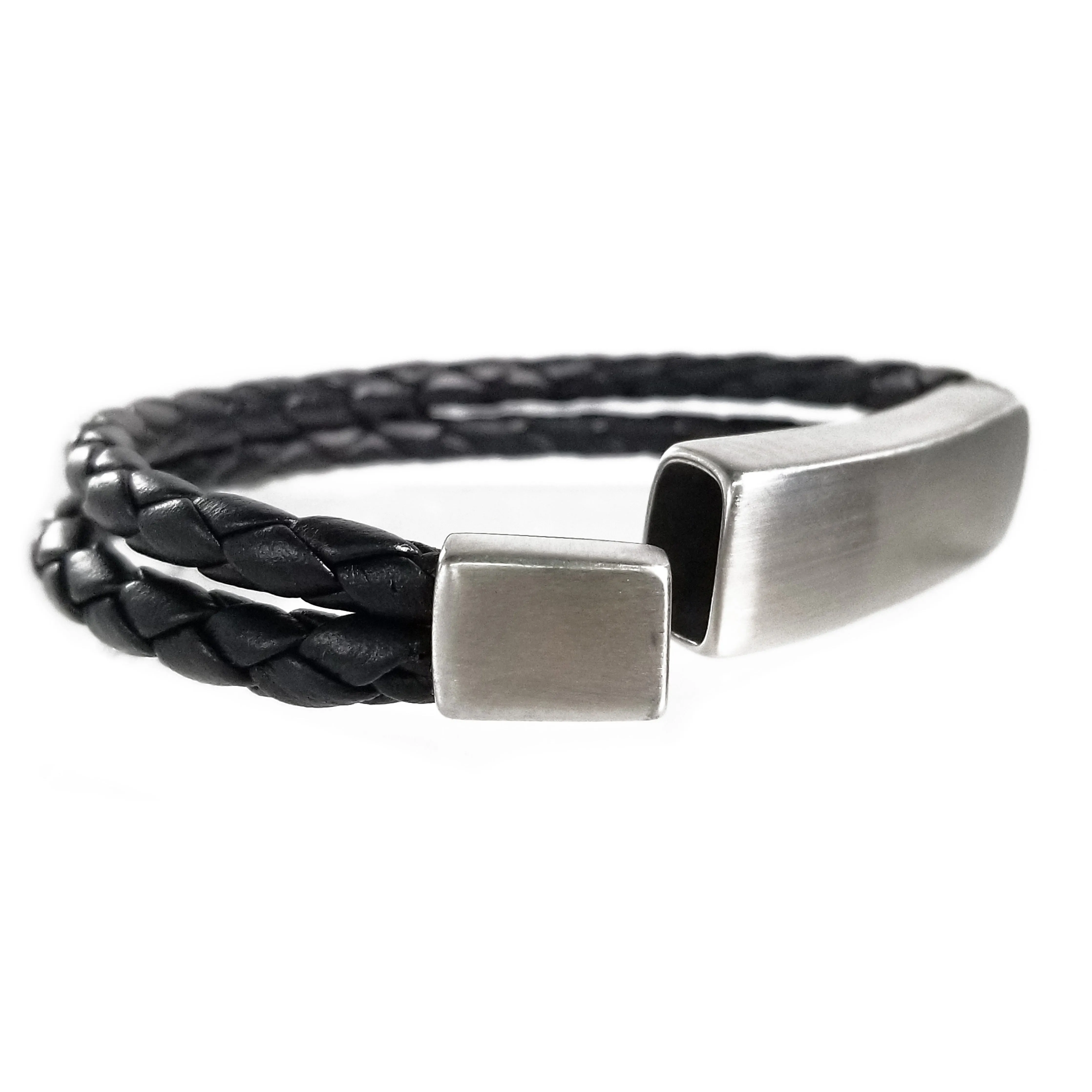 Stainless Steel Black Two Strand Braided Leather Bracelets