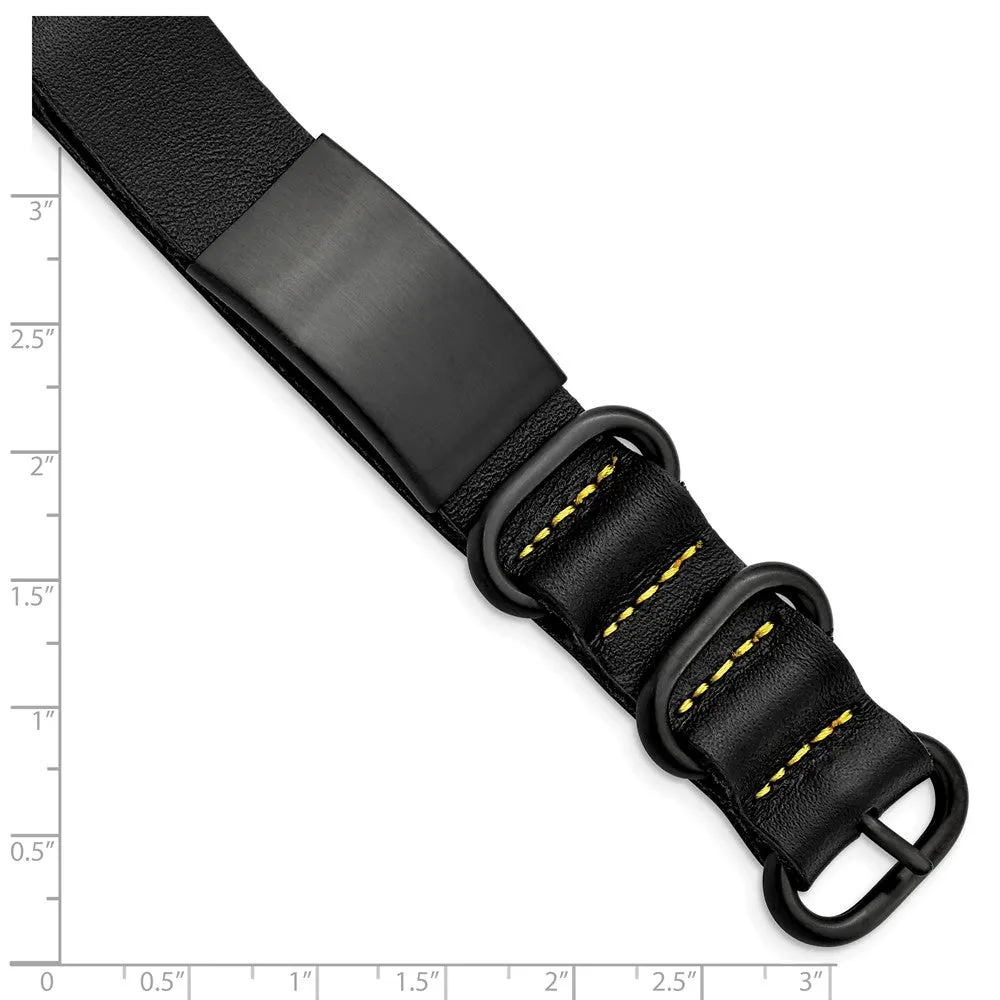 Stainless Steel Brushed Black IP Black Leather Adj. ID Bracelet
