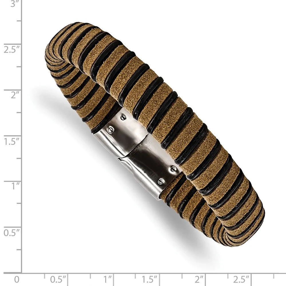 Stainless Steel Brushed Light Brown Suede Black Leather Bracelet