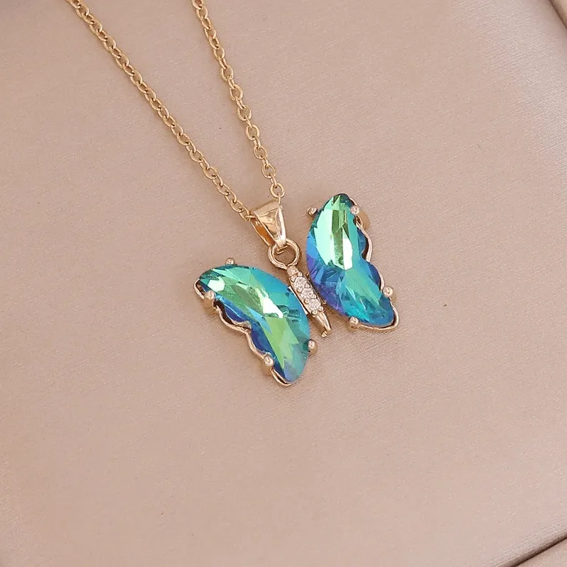Stainless Steel Chain Butterfly Pendant Necklace Crystal Choker