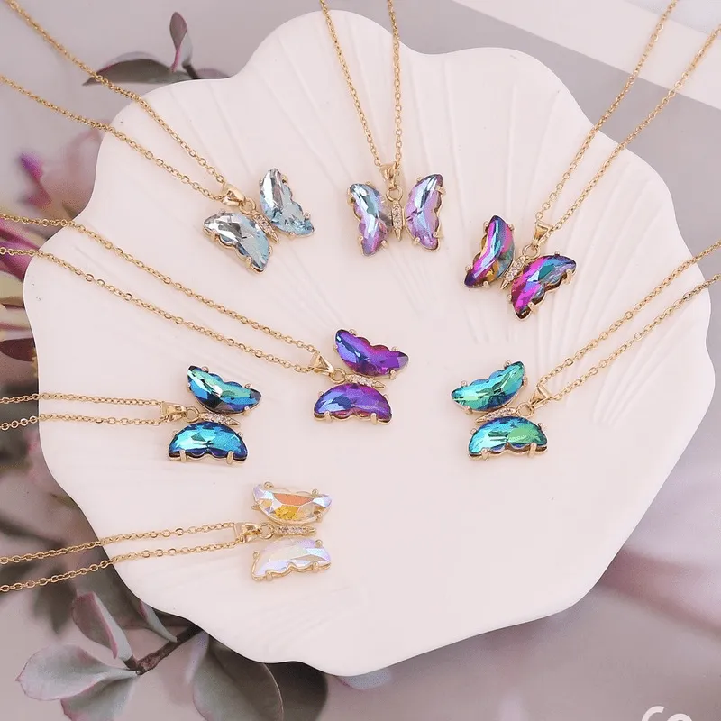 Stainless Steel Chain Butterfly Pendant Necklace Crystal Choker