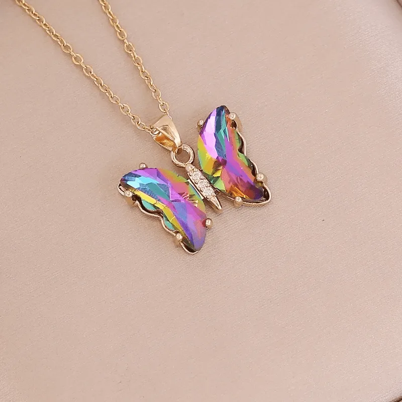 Stainless Steel Chain Butterfly Pendant Necklace Crystal Choker