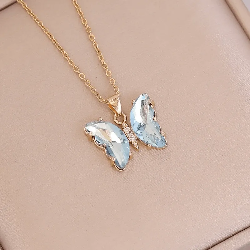 Stainless Steel Chain Butterfly Pendant Necklace Crystal Choker