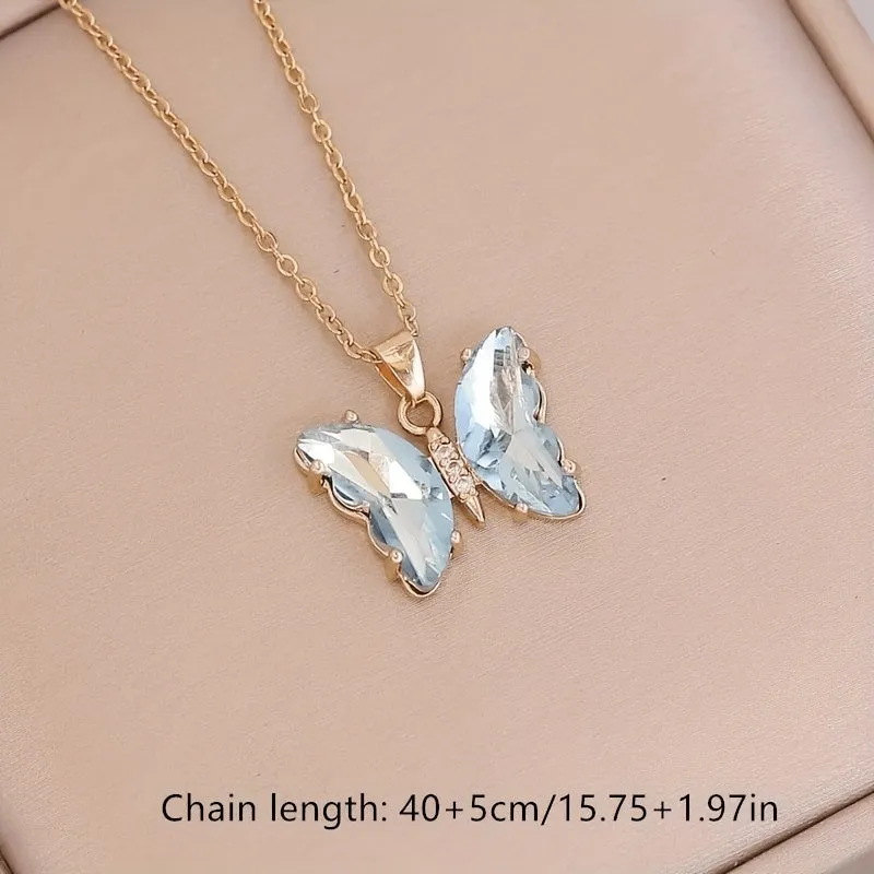 Stainless Steel Chain Butterfly Pendant Necklace Crystal Choker