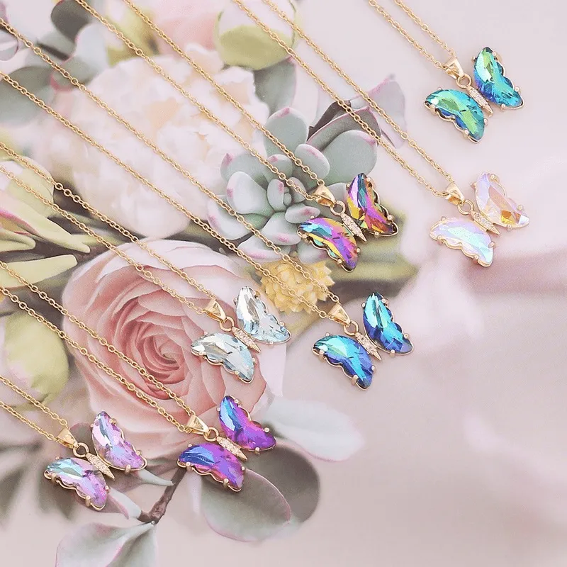 Stainless Steel Chain Butterfly Pendant Necklace Crystal Choker