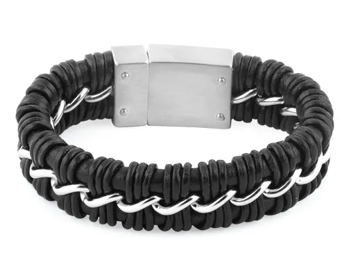 Stainless Steel Curb Chain Black Leather Bracelet