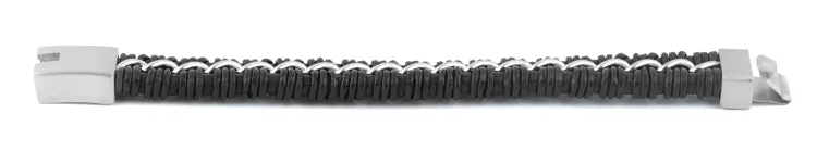 Stainless Steel Curb Chain Black Leather Bracelet