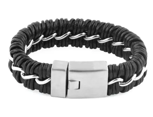 Stainless Steel Curb Chain Black Leather Bracelet