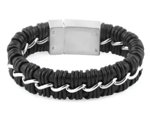 Stainless Steel Curb Chain Black Leather Bracelet