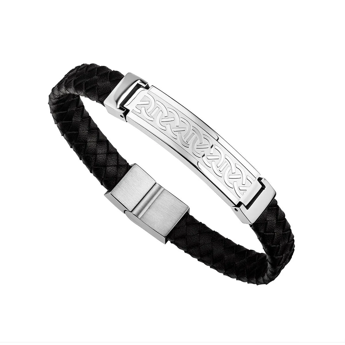 Stainless Steel Men's Black Leather Celtic Bracelet.