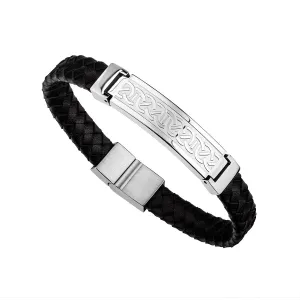 Stainless Steel Men's Black Leather Celtic Bracelet.