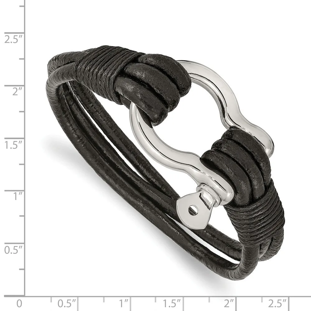 Stainless Steel Polished Black Leather Multi Strand 8.5in Shackle Bracelet
