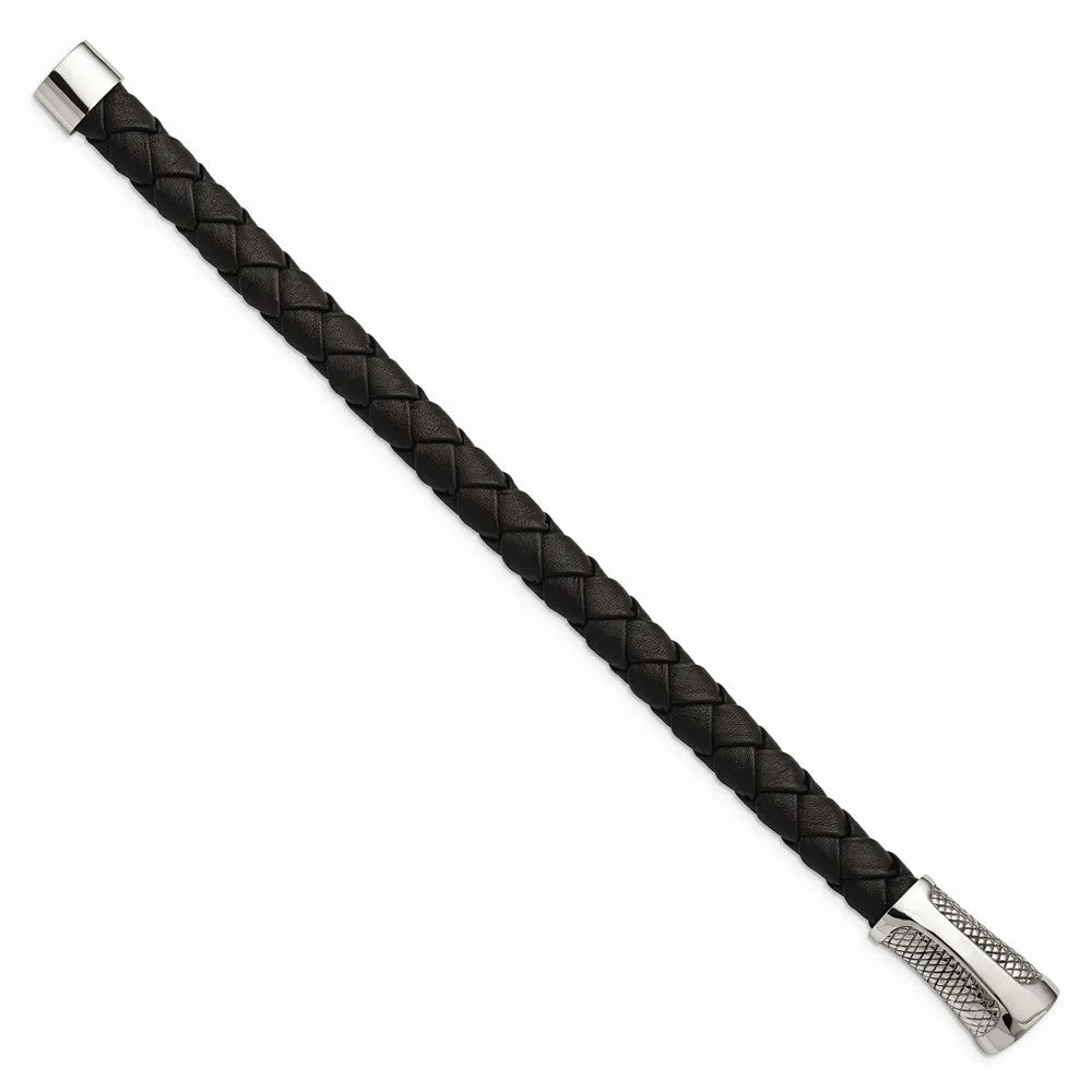 Stainless Steel Polished Black Leather Textured Bracelet