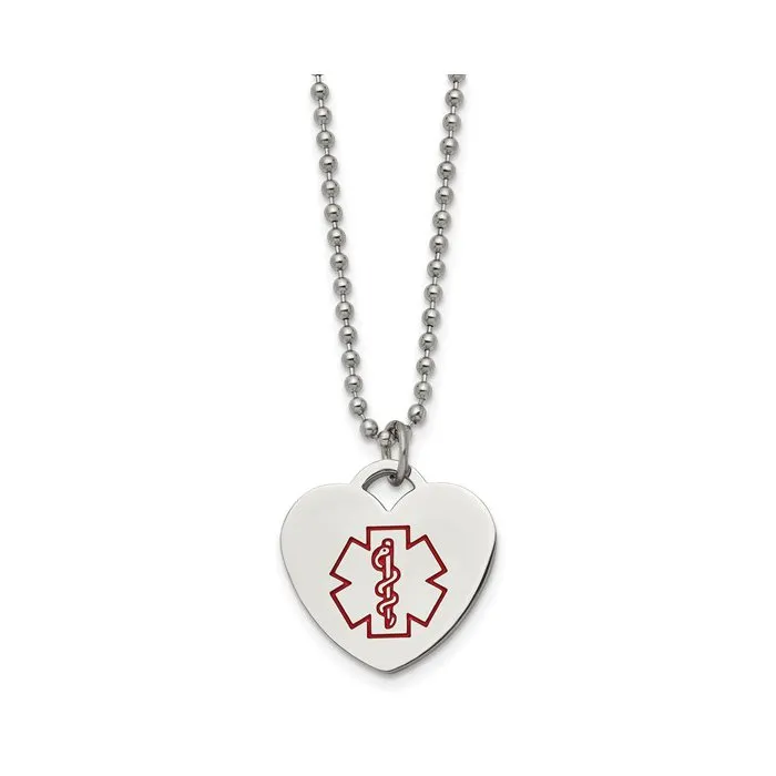 Stainless Steel Polished with Red Enamel Medical ID Heart Necklace