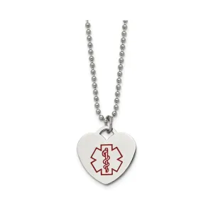 Stainless Steel Polished with Red Enamel Medical ID Heart Necklace