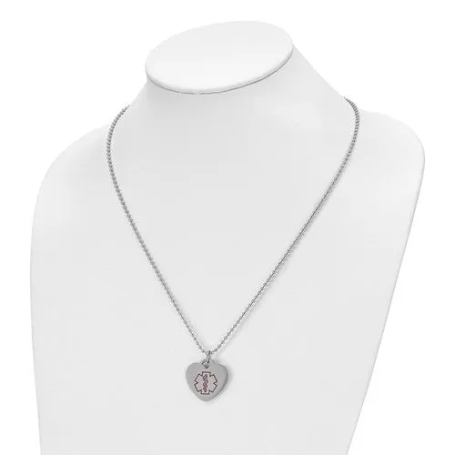 Stainless Steel Polished with Red Enamel Medical ID Heart Necklace