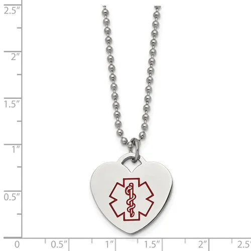Stainless Steel Polished with Red Enamel Medical ID Heart Necklace