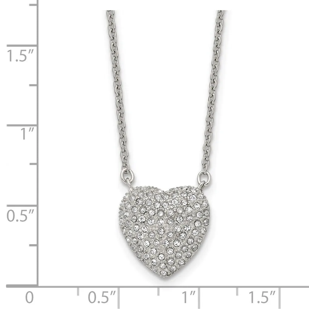 Stainless Steel Polished w/Preciosa Crystal Heart 16in w/2in ext Necklace