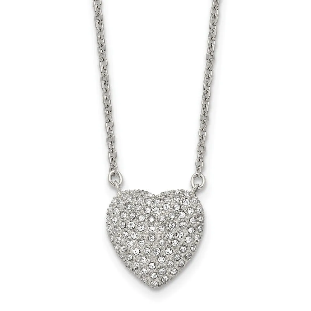 Stainless Steel Polished w/Preciosa Crystal Heart 16in w/2in ext Necklace