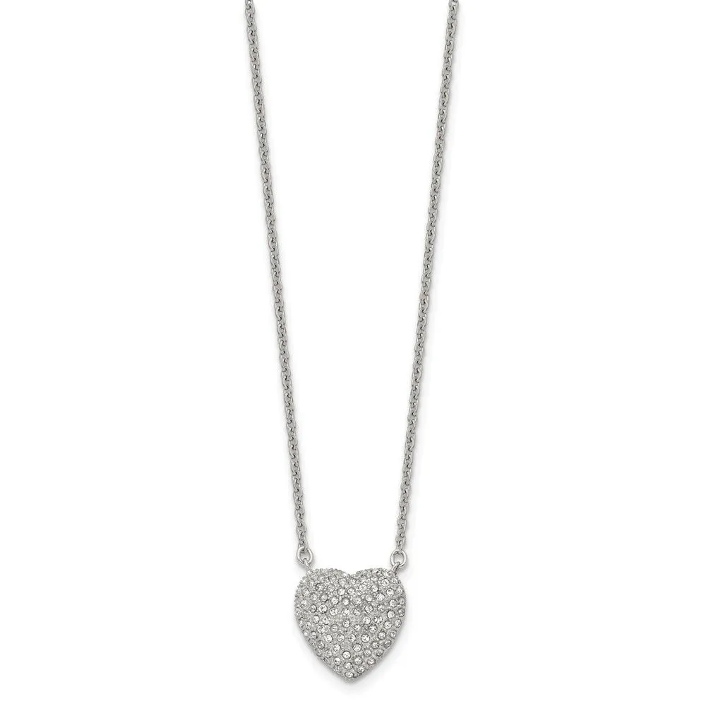 Stainless Steel Polished w/Preciosa Crystal Heart 16in w/2in ext Necklace