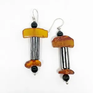 Sterling silver Earrings with vintage Baltic amber, black amber, antique clay pipes