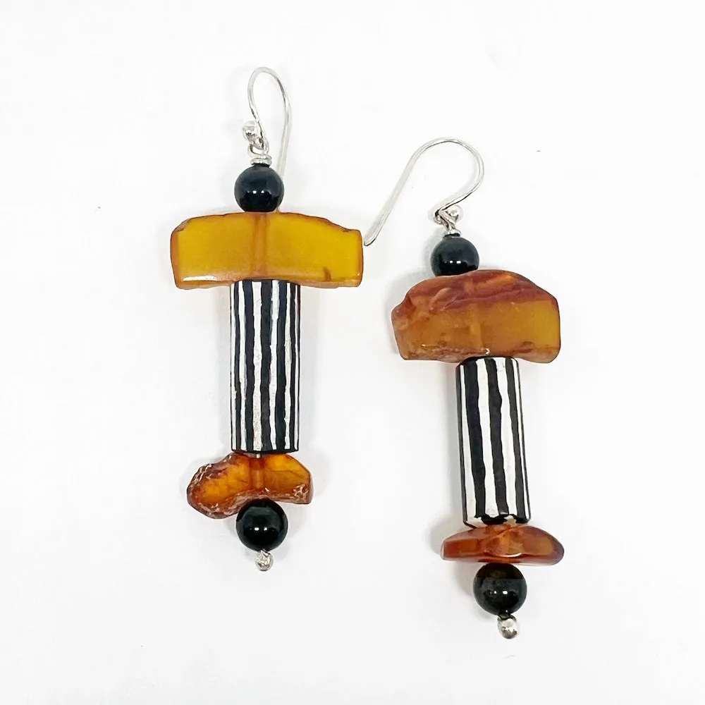 Sterling silver Earrings with vintage Baltic amber, black amber, antique clay pipes
