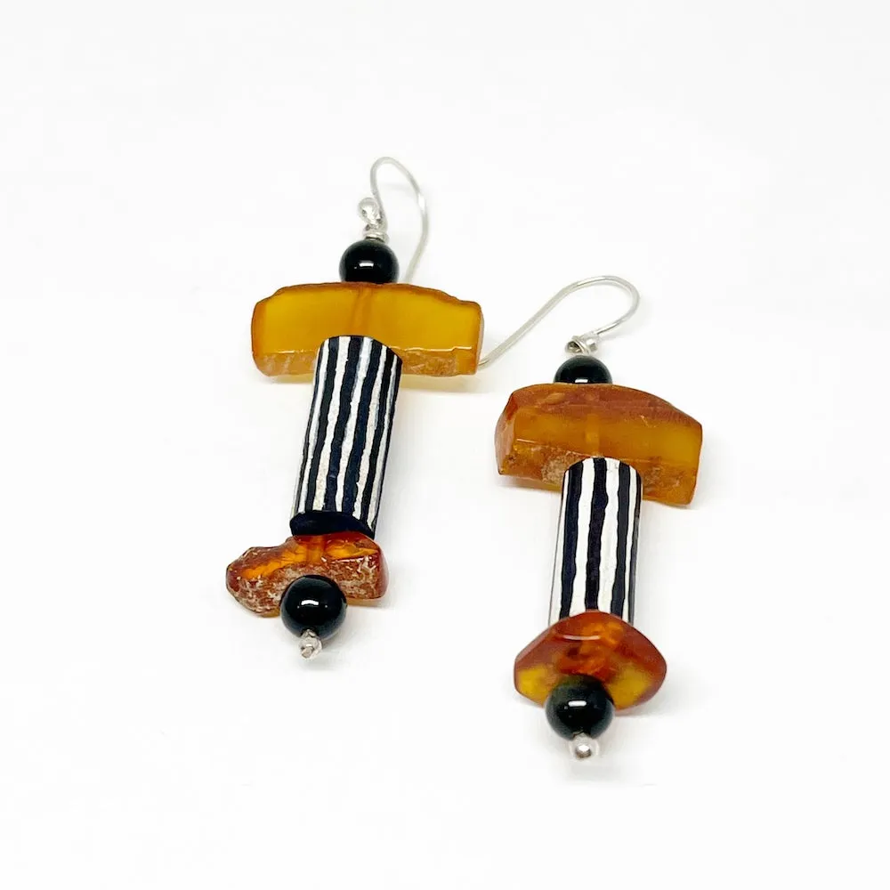 Sterling silver Earrings with vintage Baltic amber, black amber, antique clay pipes