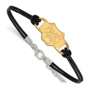 Sterling Silver Gold-plated Butler University Bulldog Small Center Black Leather 7 inch Bracelet with Extender