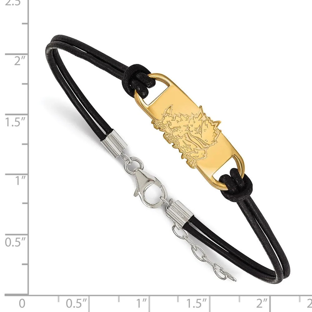 Sterling Silver Gold-plated Texas Christian University Horned Frog Small Center Black Leather 7 inch Bracelet with Extender