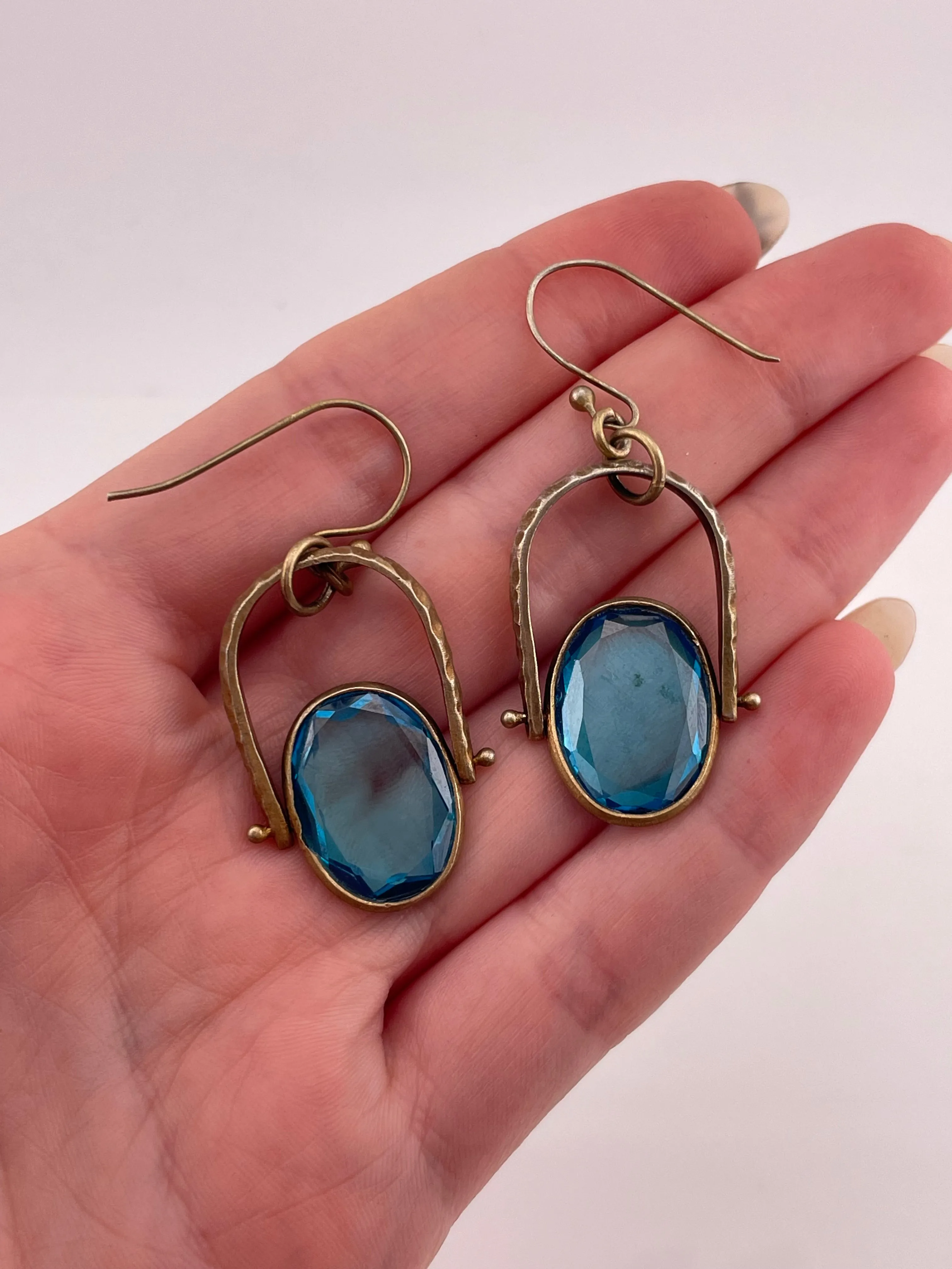 sterling silver gold wash hammered textured faceted blue glass earrings