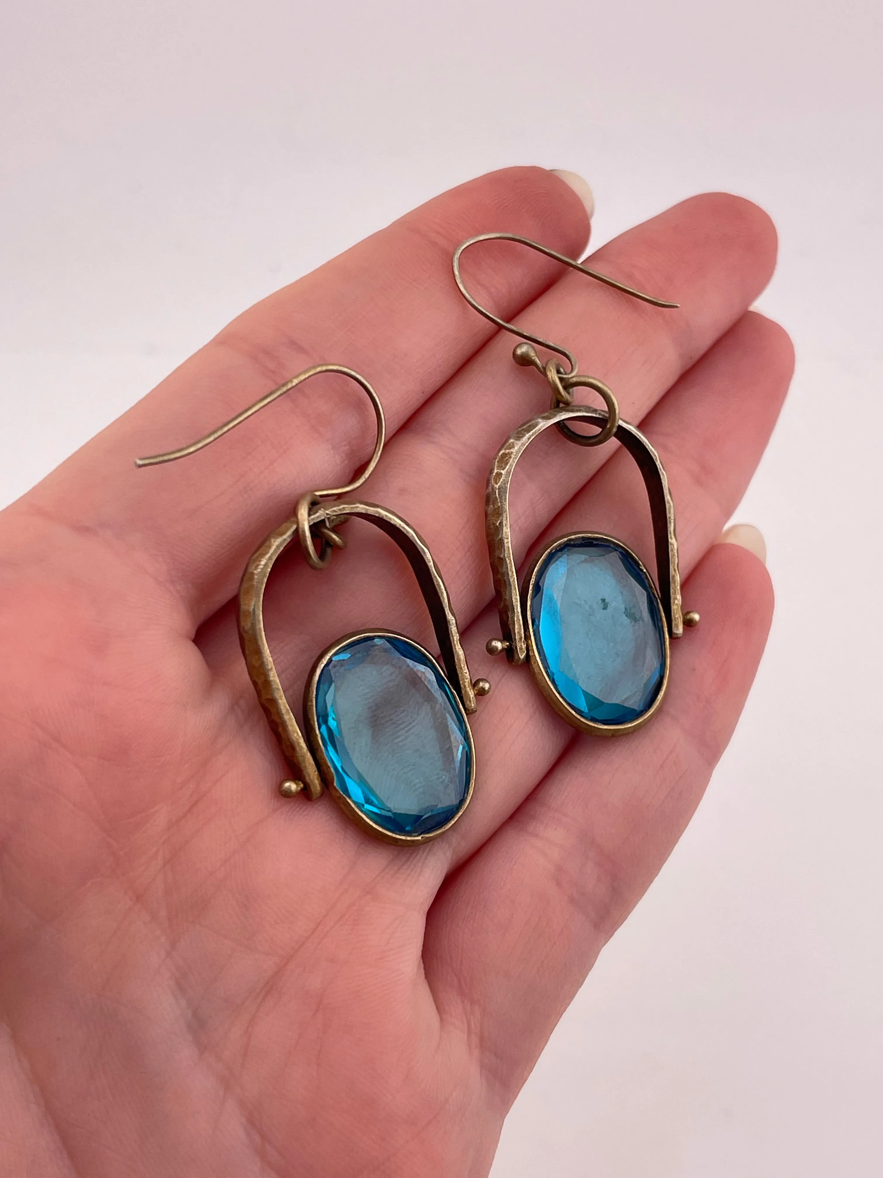 sterling silver gold wash hammered textured faceted blue glass earrings