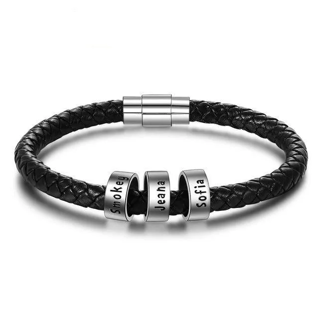 Sterling Silver Personalized Custom Name Beads Bracelets for Men Charm Black Braided Rope Leather Bracelet Jewelry