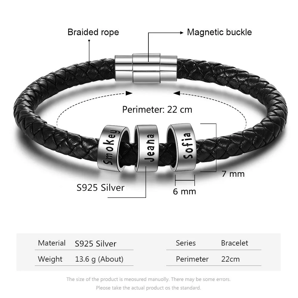 Sterling Silver Personalized Custom Name Beads Bracelets for Men Charm Black Braided Rope Leather Bracelet Jewelry