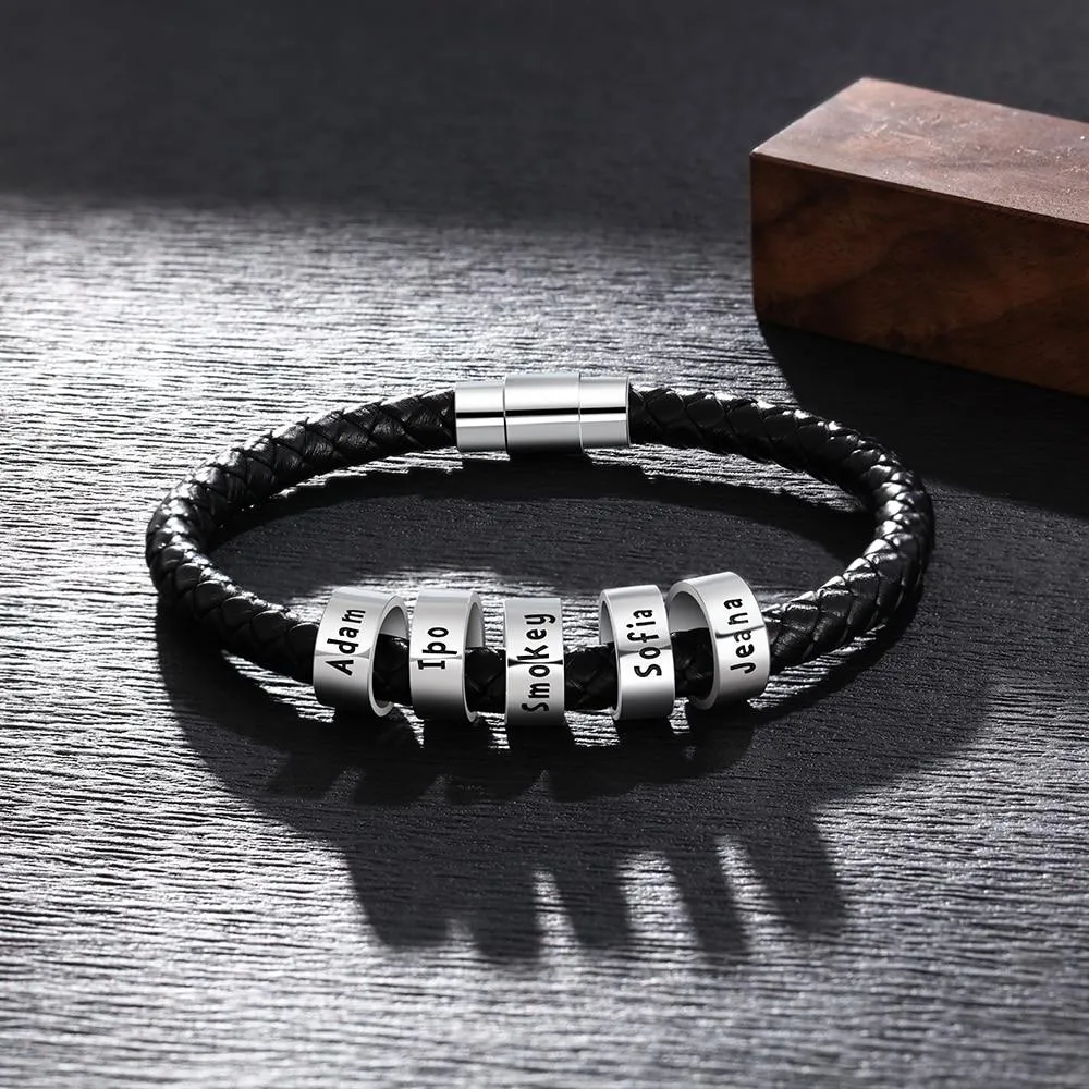 Sterling Silver Personalized Custom Name Beads Bracelets for Men Charm Black Braided Rope Leather Bracelet Jewelry