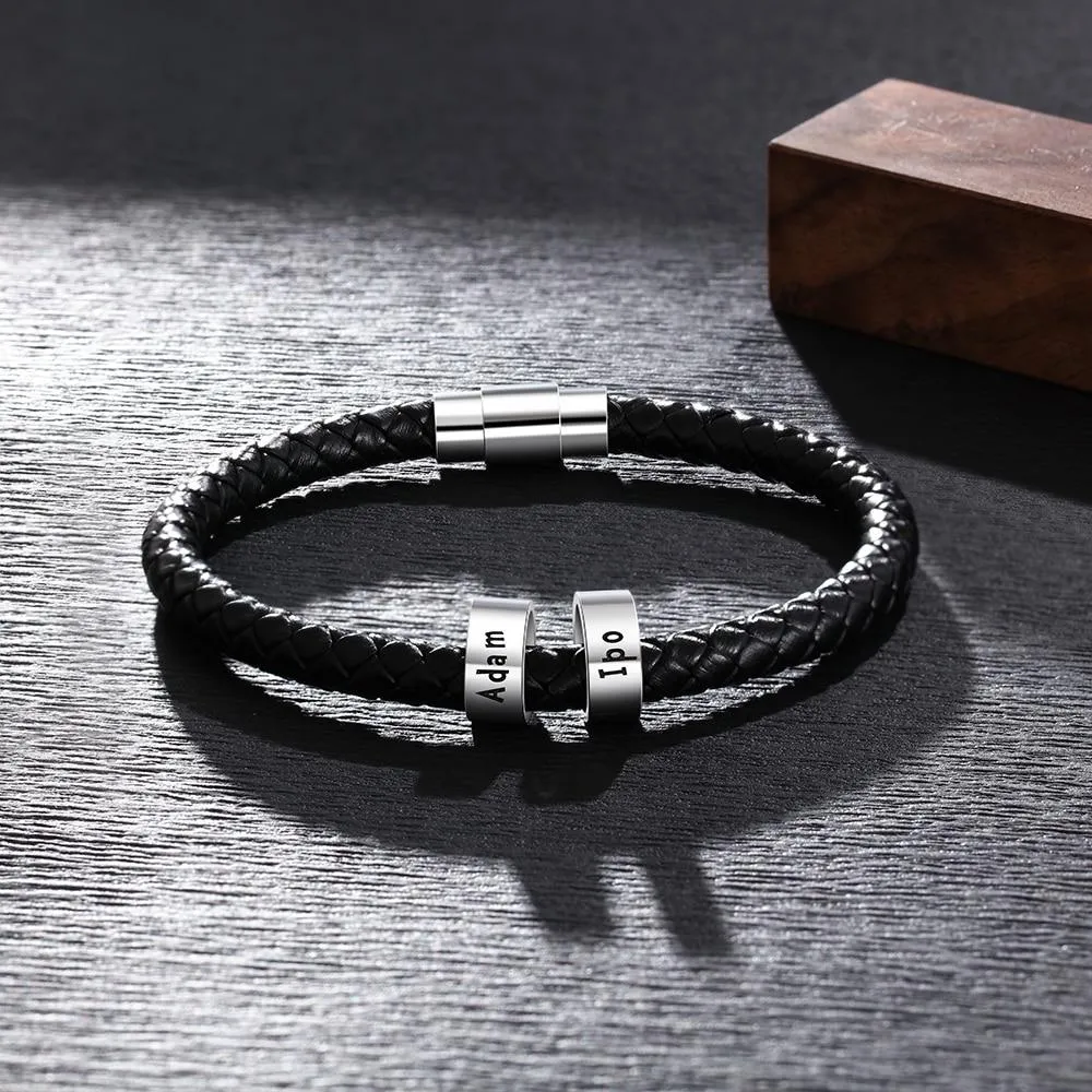 Sterling Silver Personalized Custom Name Beads Bracelets for Men Charm Black Braided Rope Leather Bracelet Jewelry