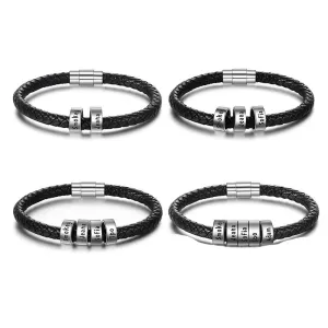 Sterling Silver Personalized Custom Name Beads Bracelets for Men Charm Black Braided Rope Leather Bracelet Jewelry