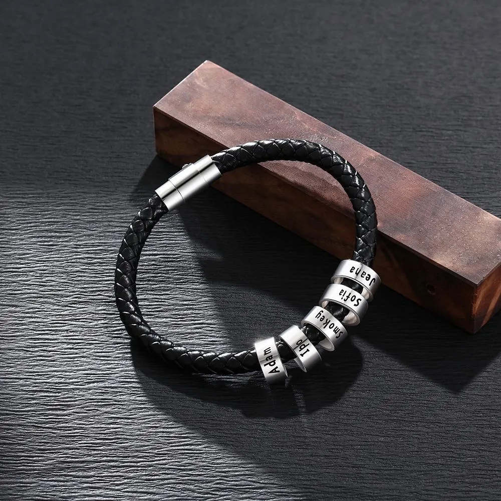 Sterling Silver Personalized Custom Name Beads Bracelets for Men Charm Black Braided Rope Leather Bracelet Jewelry