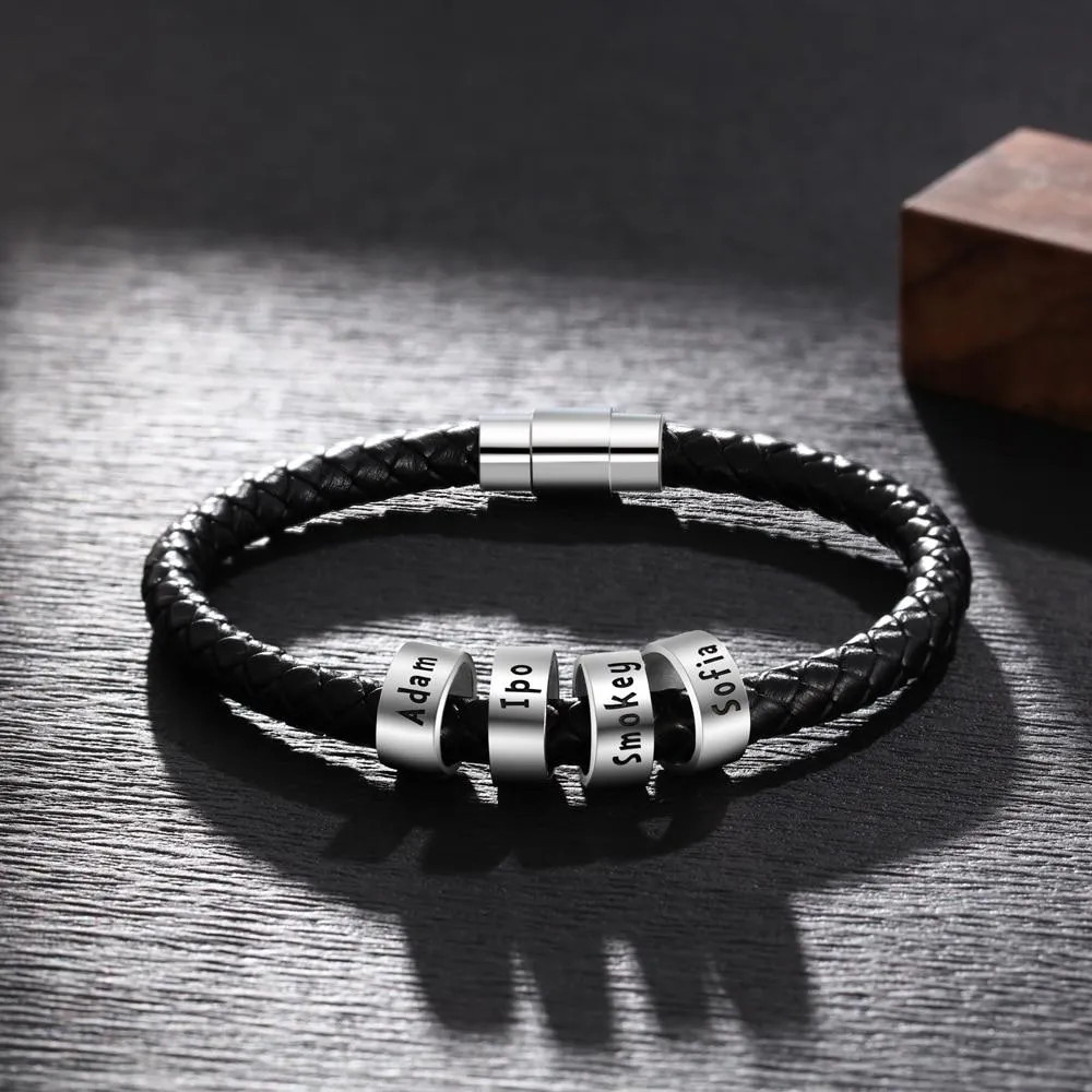 Sterling Silver Personalized Custom Name Beads Bracelets for Men Charm Black Braided Rope Leather Bracelet Jewelry