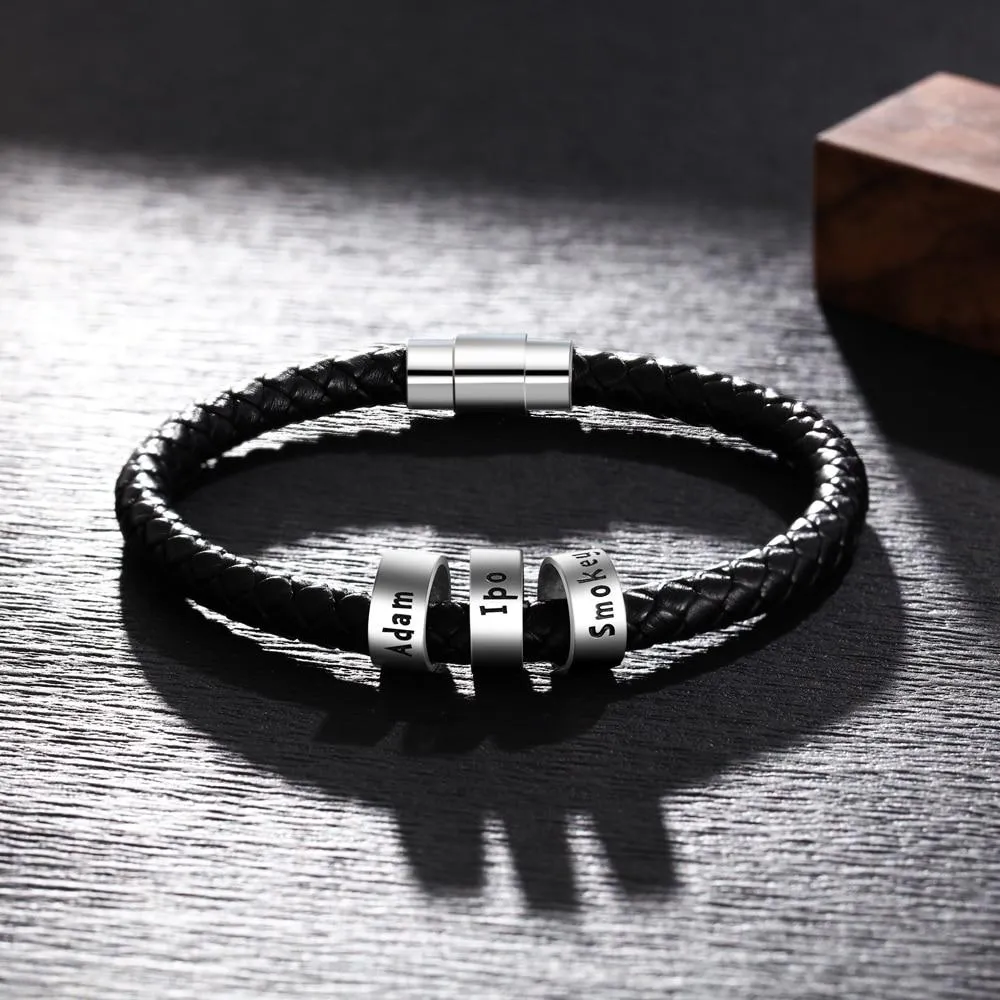 Sterling Silver Personalized Custom Name Beads Bracelets for Men Charm Black Braided Rope Leather Bracelet Jewelry