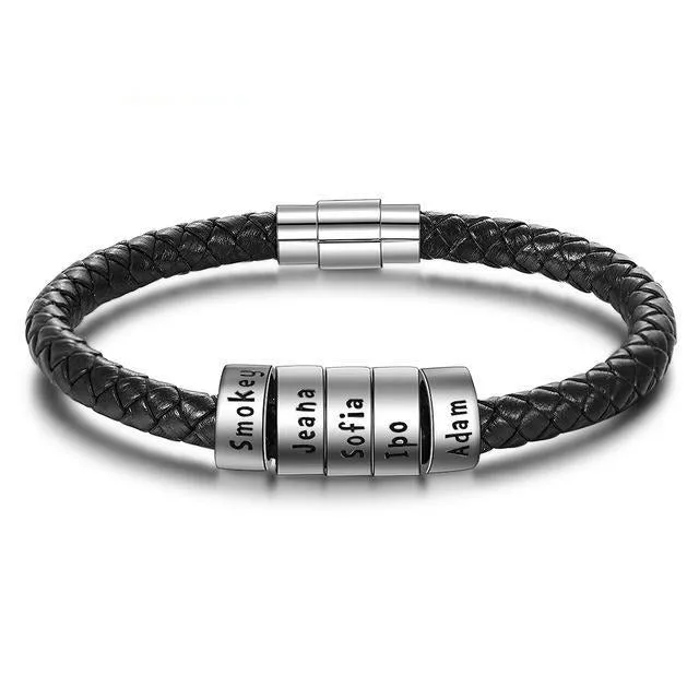 Sterling Silver Personalized Custom Name Beads Bracelets for Men Charm Black Braided Rope Leather Bracelet Jewelry