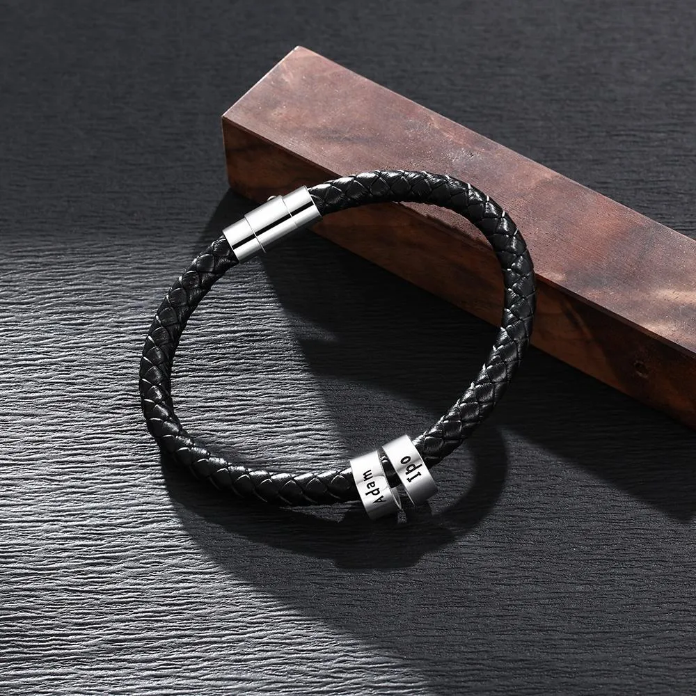 Sterling Silver Personalized Custom Name Beads Bracelets for Men Charm Black Braided Rope Leather Bracelet Jewelry