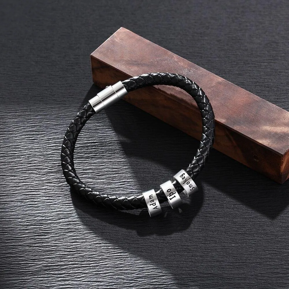 Sterling Silver Personalized Custom Name Beads Bracelets for Men Charm Black Braided Rope Leather Bracelet Jewelry