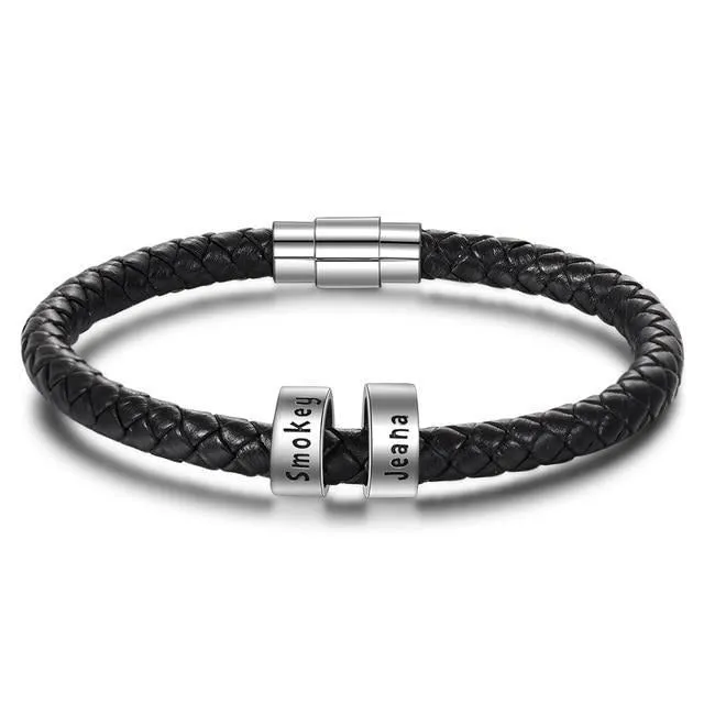 Sterling Silver Personalized Custom Name Beads Bracelets for Men Charm Black Braided Rope Leather Bracelet Jewelry