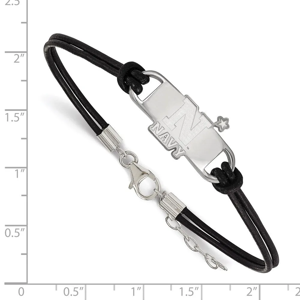 Sterling Silver Rhodium-plated US Naval Academy Small Center Black Leather 7 inch Bracelet with Extender