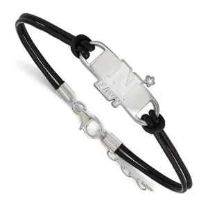 Sterling Silver Rhodium-plated US Naval Academy Small Center Black Leather 7 inch Bracelet with Extender