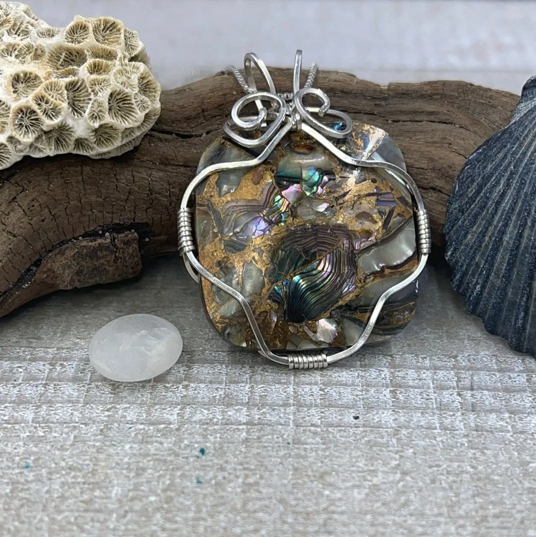 Sterling Silver Wire-Wrapped Mother of Pearl and Bronze Pendant